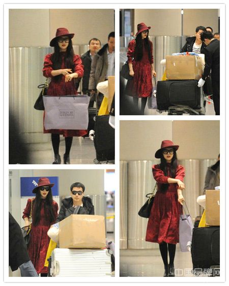  范冰冰机场时尚着装搭配：红色长裙+红色大沿帽 