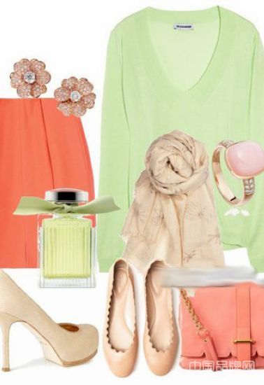 糖果绿线衫+橘色短裙