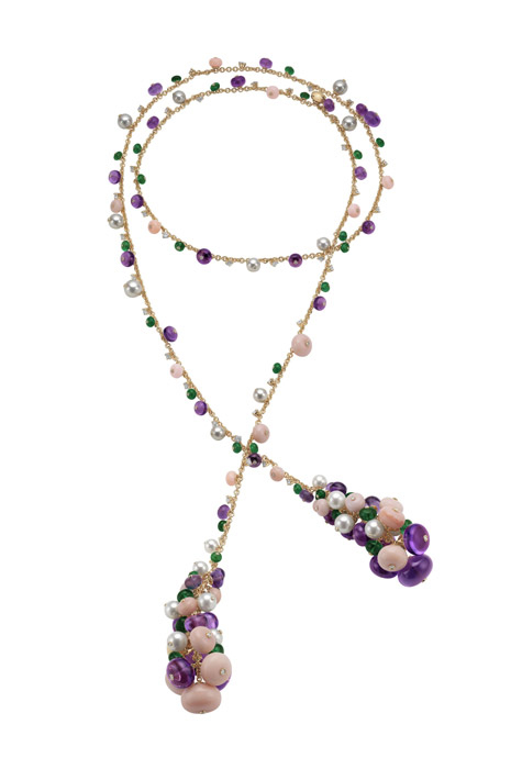 Bvlgari（宝格丽）顶级珠宝系列玫瑰金项链 镶嵌23颗南海珍珠、珊瑚、42颗紫水晶（174.39克拉）和38颗圆形切割祖母绿（42.39克拉），密镶钻石（5.58克拉）