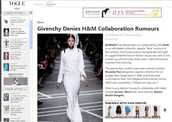 Givenchy否认将与H&M联名合作传闻