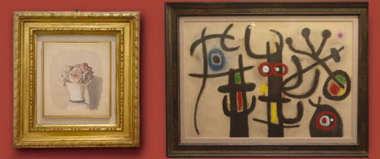 左图：乔治·莫兰迪创作于 1951 年的小油画《花》被评论家认为是相似题材中最出类拔萃的作品，标价 200 万美元。右图：巴塞罗那 Mayoral 画廊是第一次到香港参展，也是第一次推出胡安·米罗的个展。展出的作品中，最贵的一幅是创作于 1963 年的 Personnageset oiseaux，这幅集合了米罗绘画标志性元素的作品标价 350 万美元。
