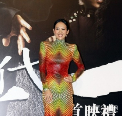 《一代宗师》香港首映会 章子怡身穿几何图案的“塑料裙”