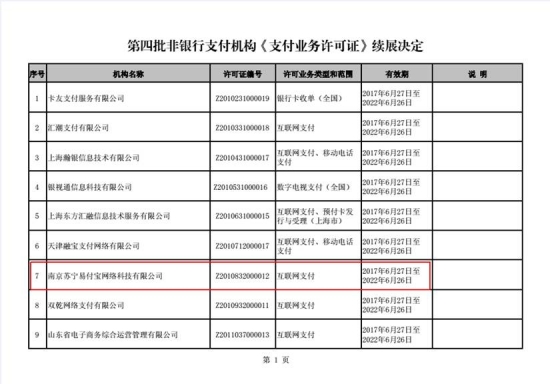 央行公布第四批支付牌照续展名单易付宝续牌1