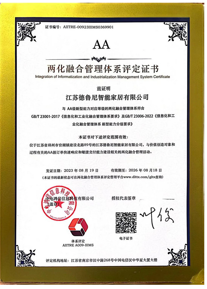 【重磅】江苏德鲁尼智能家居有限公司荣获两化融合AA级认证